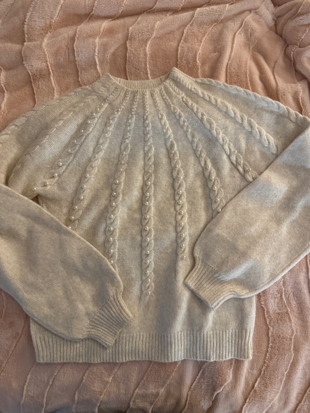 APRICOT Cream Cable Knit Pearl-Embellished Crewneck Sweater